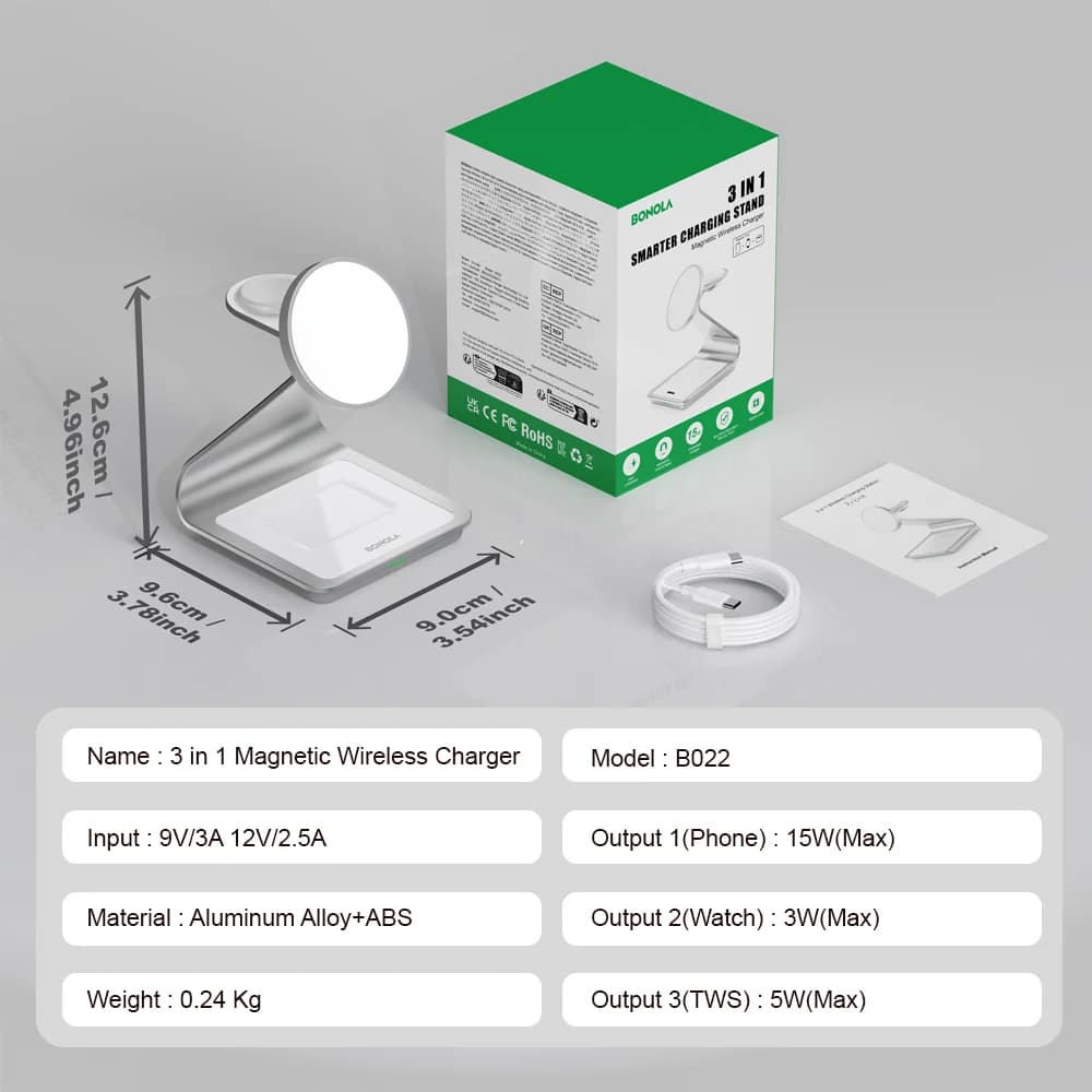 شاحن لاسلكي بونولا مغناطيسي 3 في 1 لهاتف آيفون 17/16/15/13/14/12 30 وات محطة شحن لاسلكية لساعة أبل/AirPods Pro - 6