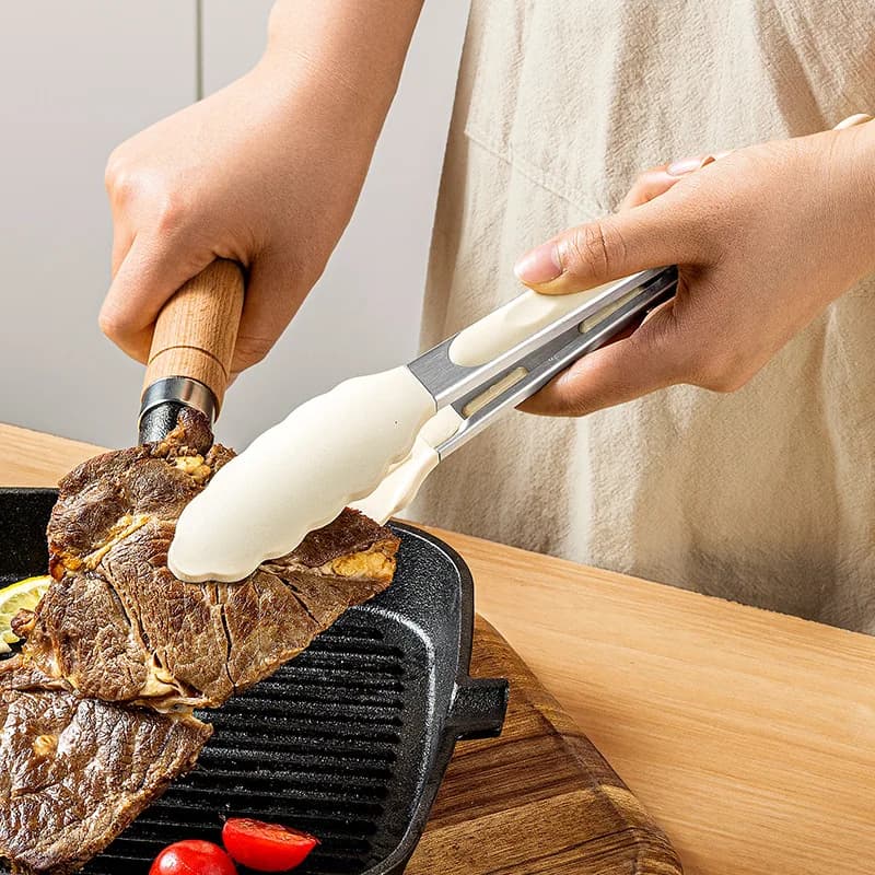9-inch silicone food tongs Kitchen Grill stainless steel food grade silicone tip non-slip food tongs for BBQ salad breads - 4