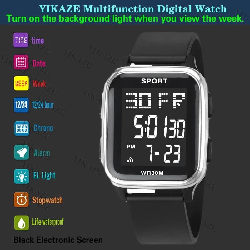 ساعة YIKAZE الرياضية للرجال مقاومة للماء متعددة الوظائف ساعة إلكترونية رفيعة جداً ساعة يد رقمية LED للطلاب - 6