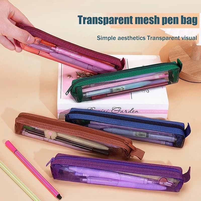 Mesh Travel Cosmetic Storage Bag Toiletries Clear Wash Bag Brush Storage Bag Multi-Functional Square Stationery Pencil Pouch - 2
