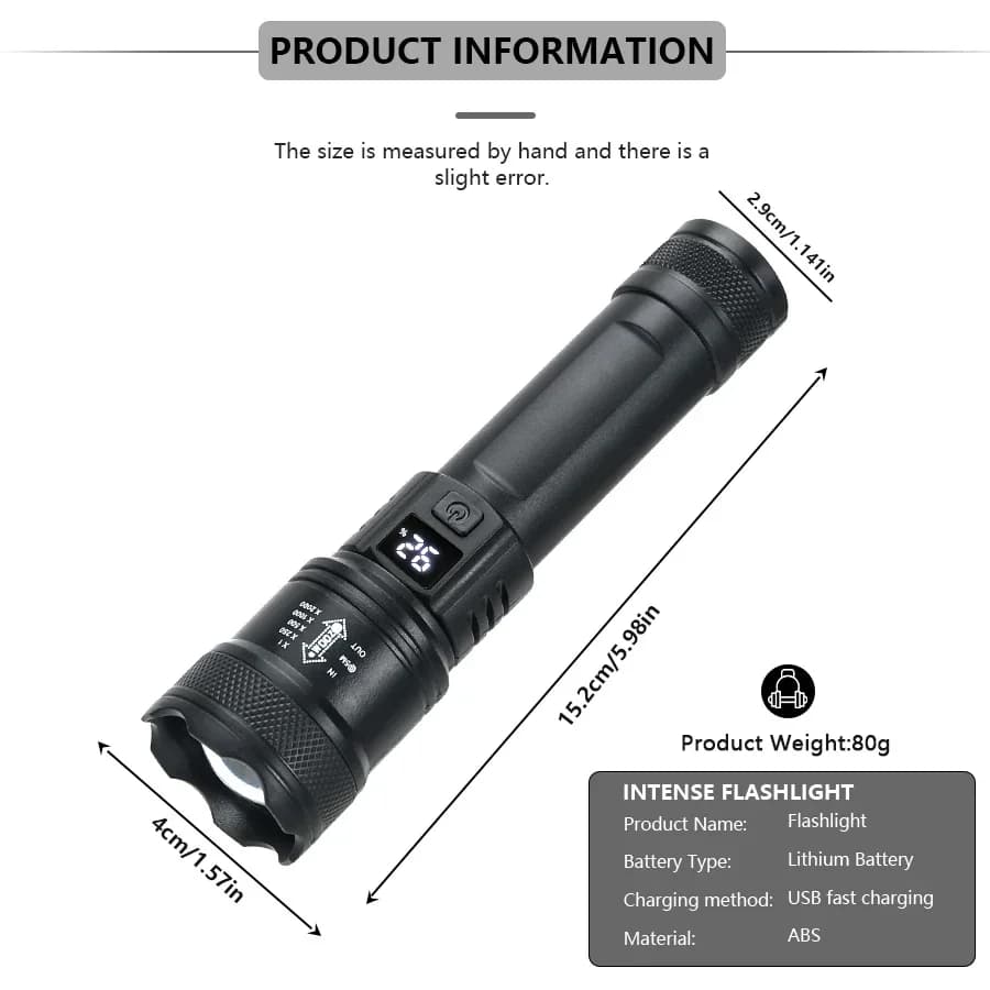 High Strong Power Led Flashlight 1000000LM Tactical Torch with Display Light USB Charging Camping Fishing Emergency Zoom Lantern - 6