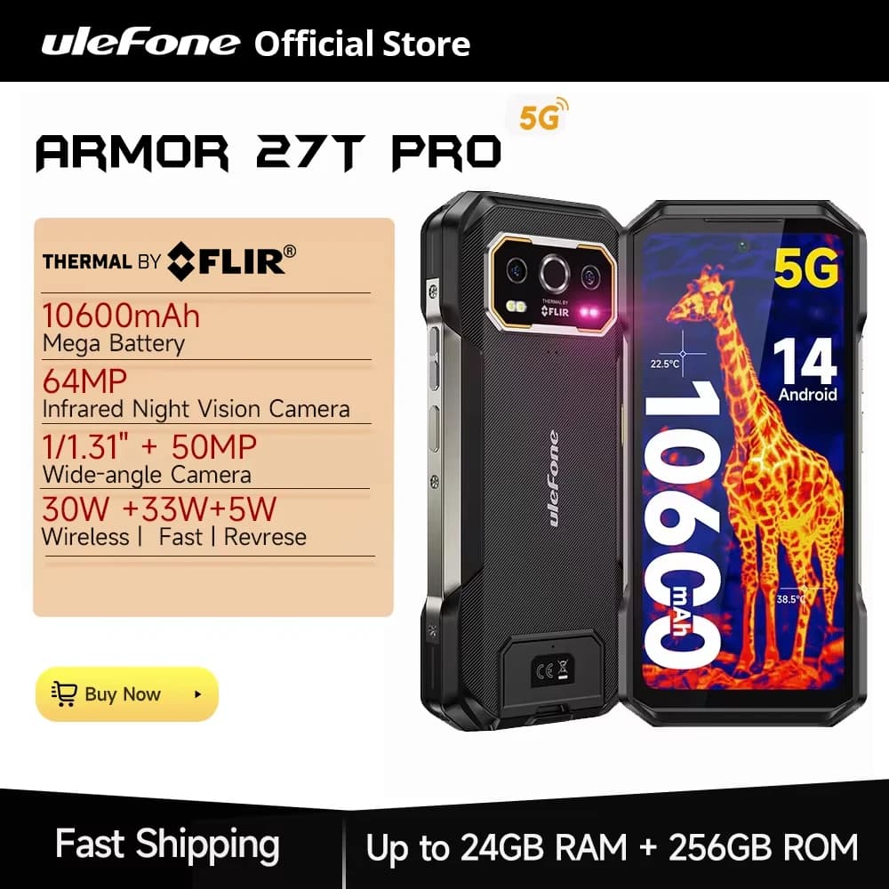 هاتف Ulefone Armor 27T Pro 5G بتقنية التصوير الحراري من FLIR® هاتف متين بطارية 10600mAh أندرويد 14 كاميرا 64 ميجابكسل شاشة 6.78 بوصة ذاكرة 24 جيجابايت + 256 جيجابايت يدعم NFC
