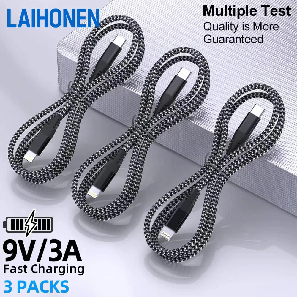 كابل LAIHONEN USB C إلى لايتنينج نيلون مضفر شحن سريع مزامنة البيانات 1/3 حزمة لهواتف آيفون 14 13 12 11 برو XR XS