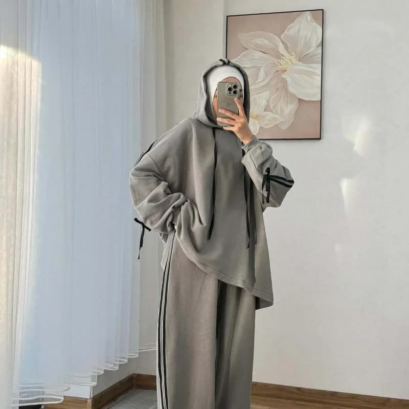 Muslim Suit Women Hoodie Top Wide Leg Pants 2 Piece Set Trousers Hooded sweatshirt Ensemble Sporty Stripe Outfits Tracksuit - 4
