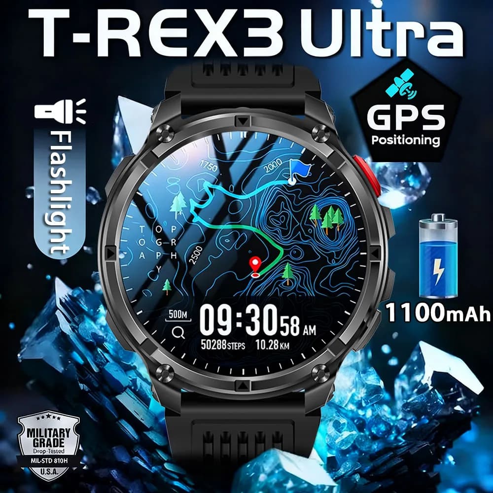 ساعة T-Rex3 Ultra الذكية الجديدة ببطارية 1100mAh تتبع GPS بوصلة مقاومة للماء IP69K جهاز تتبع رياضي خارجي ساعات ذكية عسكرية