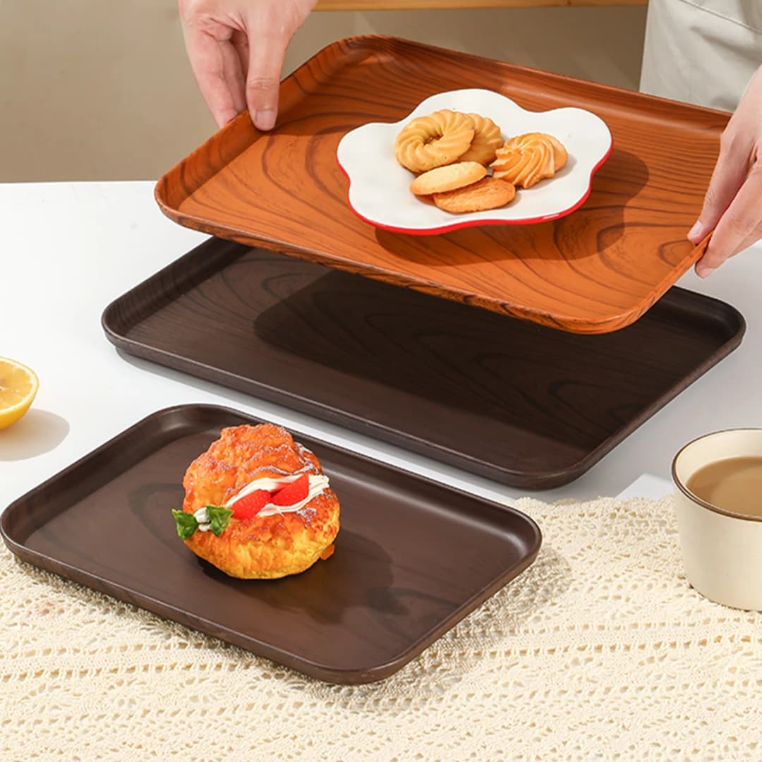 صينية تقديم طعام بلاستيكية بملمس خشبي، صينية حلويات وفاكهة قابلة للتركيب، صينية شاي، صينية تخزين سعة كبيرة، منظم تخزين المطبخ - 3