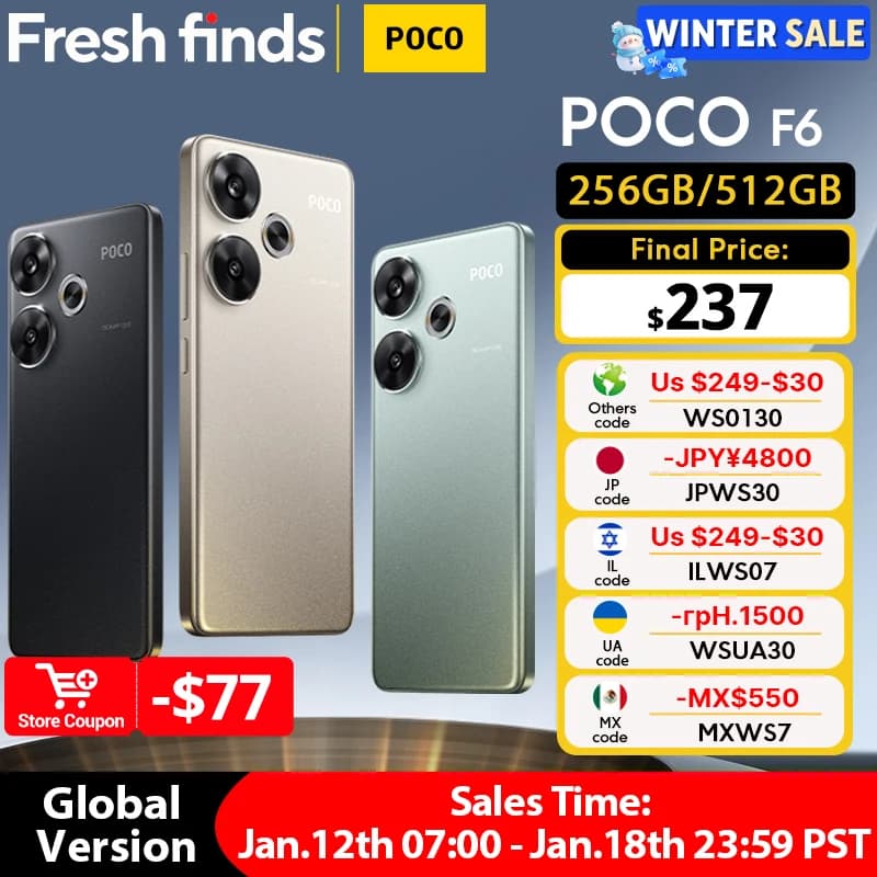 عرض عالمي هاتف POCO F6 نسخة عالمية سناب دراجون® 8s الجيل 3 NFC 120 هرتز شاشة Flow AMOLED شحن توربو 90 واط بطارية 5000 مللي أمبير