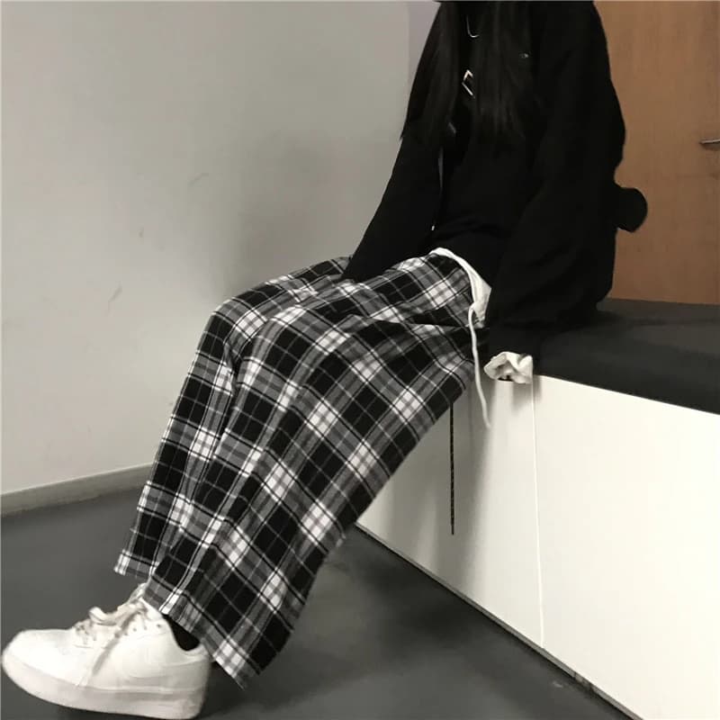 Oversize Women Sweatpants Fashion Black Plaid Casual Pants Baggy Elastic Waist Pockets Student Unisex Hip Hop Loose Trousers - 5