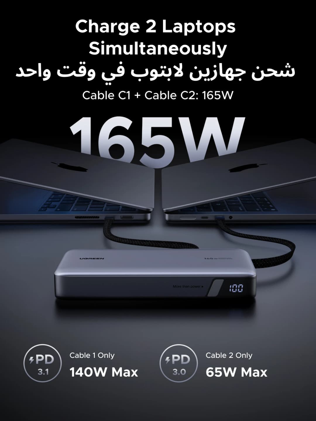 【توصيل خلال 5 أيام في السعودية】 بنك طاقة 25000 مللي أمبير 165 واط بكابلين سي مزدوجين بطارية خارجية PD3.1 140 واط - 6