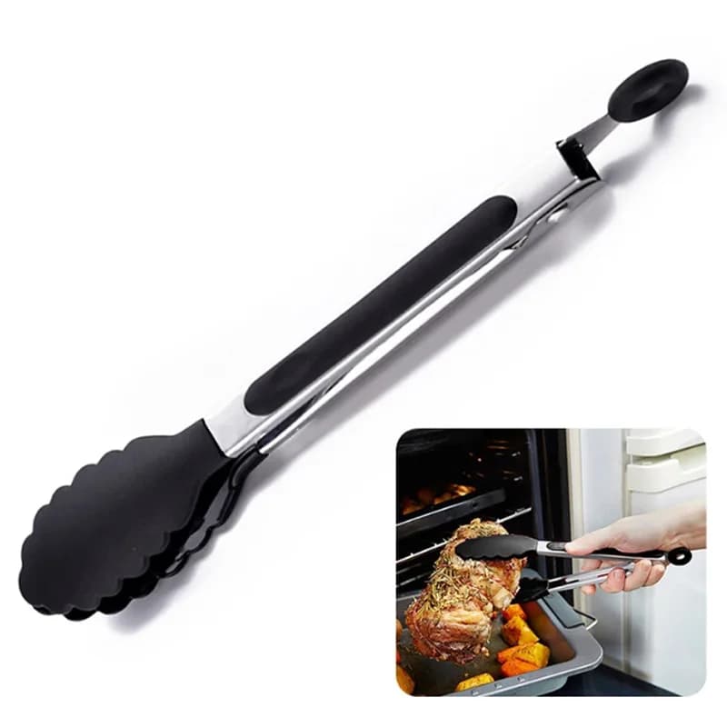 9-inch silicone food tongs Kitchen Grill stainless steel food grade silicone tip non-slip food tongs for BBQ salad breads - 2