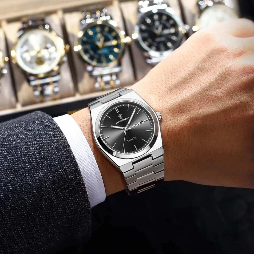 ساعة يد كوارتز فاخرة من POEDAGAR مقاومة للماء مضيئة بتاريخ وأيام الأسبوع ساعة ستانلس ستيل للأعمال والموضة للرجال - 5