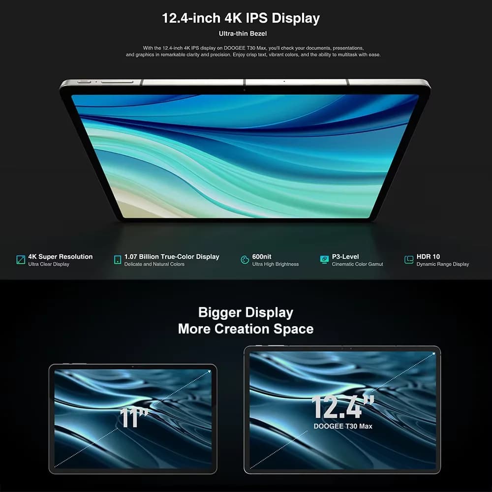 DOOGEE T30 Max Tablet 12.4" 4K Aluminum Alloy Nano Unibody Widevine L1 20GB(8GB+12GB)+512GB 10800mAh 50MP Dual Camera Android 14 - 3