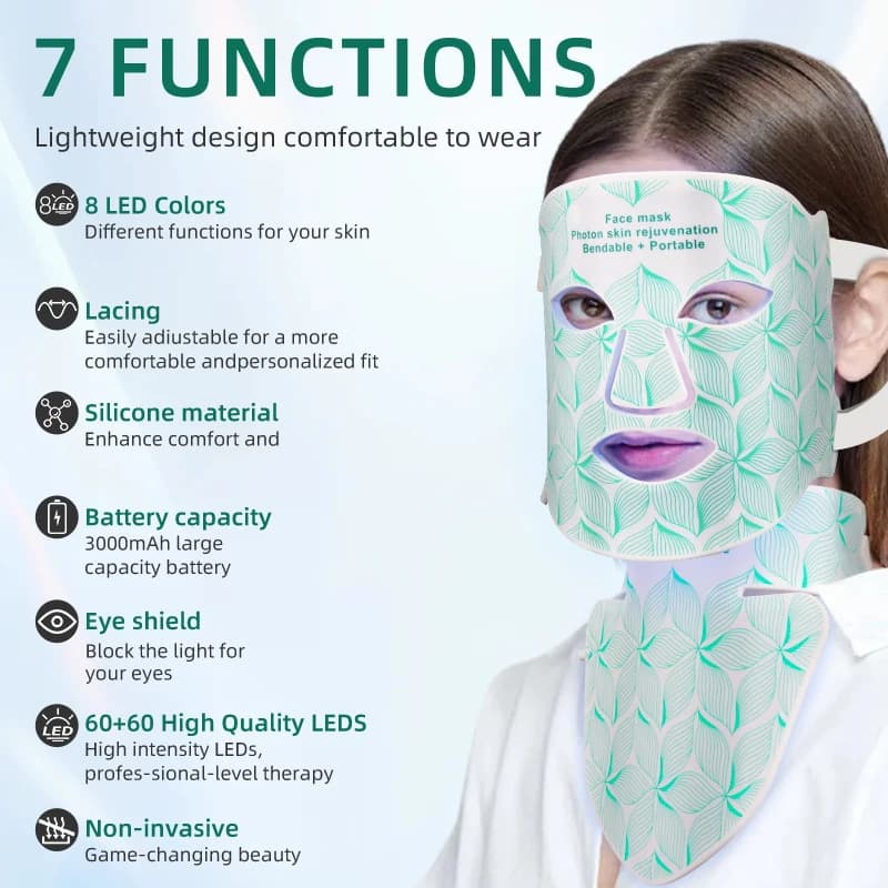8 Colors Facial LED Mask with Neck Red Light Near Infrared Therapy Beauty Mask Anti Aging Skin Rejuvenation Lifting Tighten - 6
