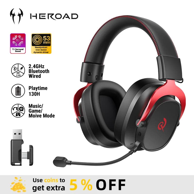 سماعات الألعاب QCY Heroad VT200 H8GM ثلاثية الوضع فوق الأذن 7.1 محيطي 53 ملم درايفر BT6.0 ميكروفون قابل للفصل للكمبيوتر/PS5/Switch