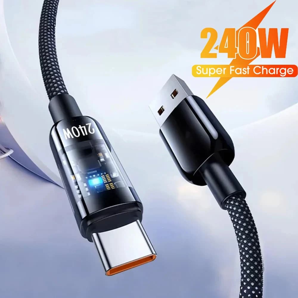 كابل شحن سريع NNBILI 240 واط من نوع USB C، كابل نايلون مضفر شفاف من نوع C، شاحن عالي السرعة لهواتف Samsung وHuawei وMi