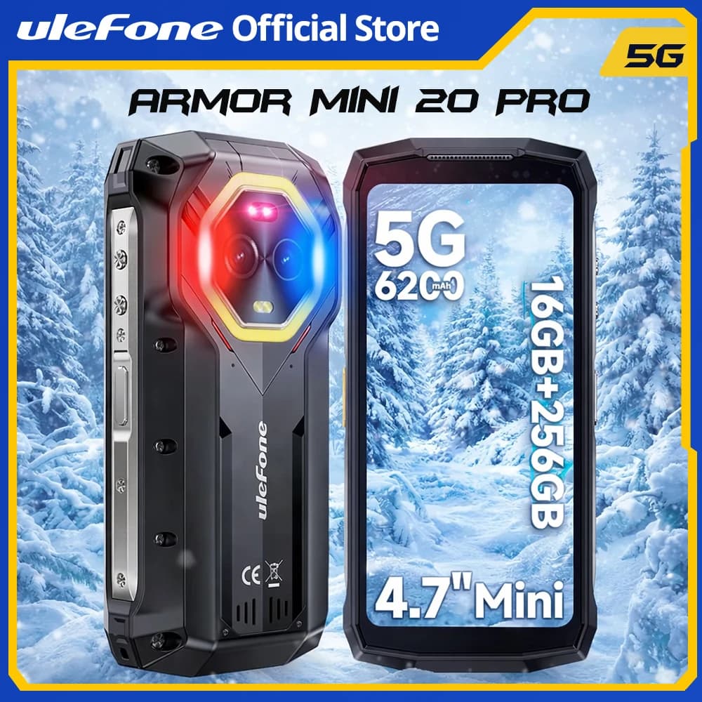 【عرض عالمي】 هاتف Ulefone Armor Mini 20 Pro 5G متين بشاشة 4.7 بوصة وكاميرا ليلية 64 ميجابكسل بنظام أندرويد 14 وبطارية 6200 مللي أمبير