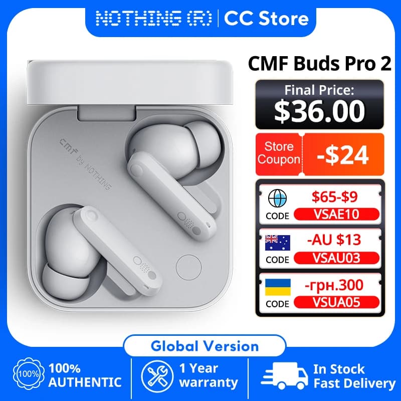 سماعات CMF By Nothing Buds Pro 2 إصدار عالمي، 6 ميكروفونات HD، إلغاء ضوضاء هجين 50 dB، بلوتوث 5.3، IP55