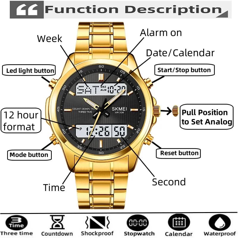 Skmei Mens Quartz Analog Bracelet Watches Luxury Stainless Steel Strap Led Waterproof Digital Sports Three Time Zone Alarm Clock - 2