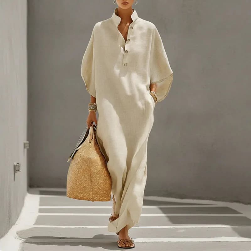 Summer Holiday Bohemian Long Dress Women's Sexy Stand Collar Button Elegant Party Dresses Spring Batwing Sleeve Loose Maxi Dress - 2