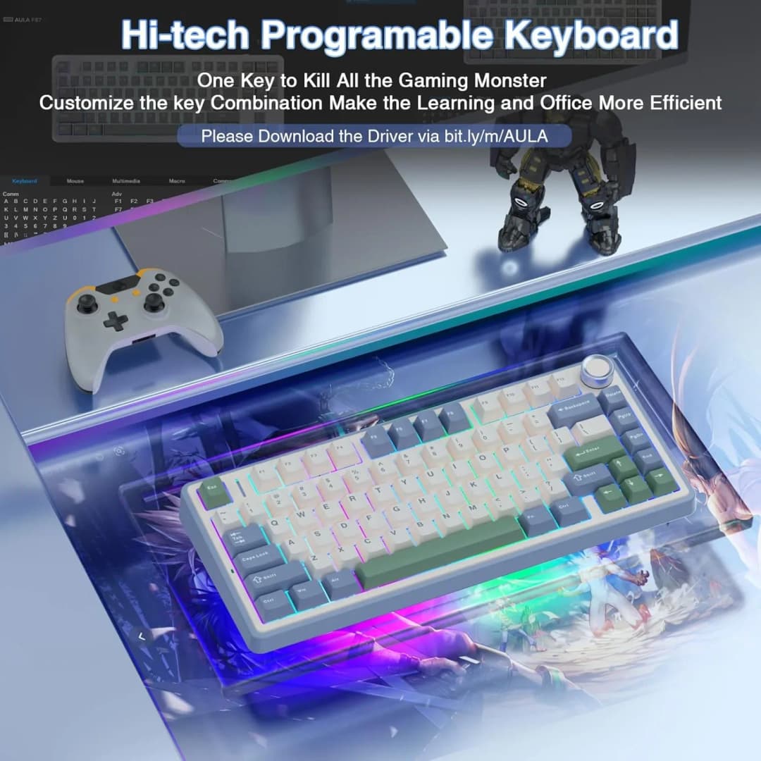AULA F75 75% Wireless Mechanical Keyboard Hot Swappable Creamy Keyboard Pre-lubed Reaper Switches RGB Backlit Gaming Keyboards - 4
