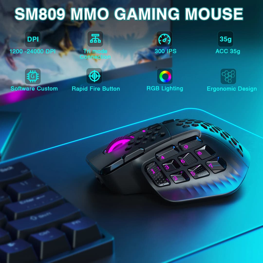 ماوس ألعاب لاسلكي SOLAKAKA SM809 Pro MMO PAW3311، 16 زرًا جانبيًا، 24000 ديسيبل متوحد الخواص، بإضاءة RGB، قابل للبرمجة - 2