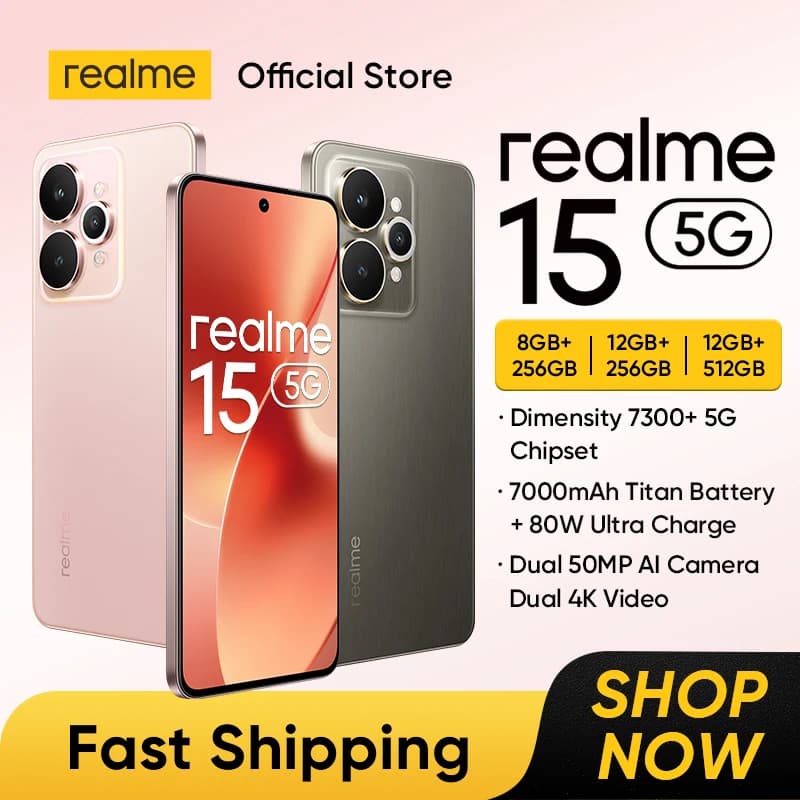 هاتف realme 15 5G ذكي عرض عالمي معالج Dimensity 7300+ 5G بطارية 7000mAh شحن 80W شاشة 6.77 بوصة 144Hz AMOLED NFC