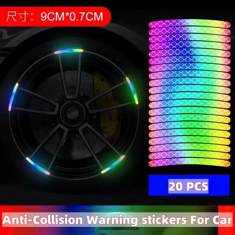 ملصقات تحذيرية عاكسة مضادة للتصادمات لدراجة نارية السيارة، عجلات الدراجة، ملحقات تزيين السيارة بالليزر بسبعة ألوان