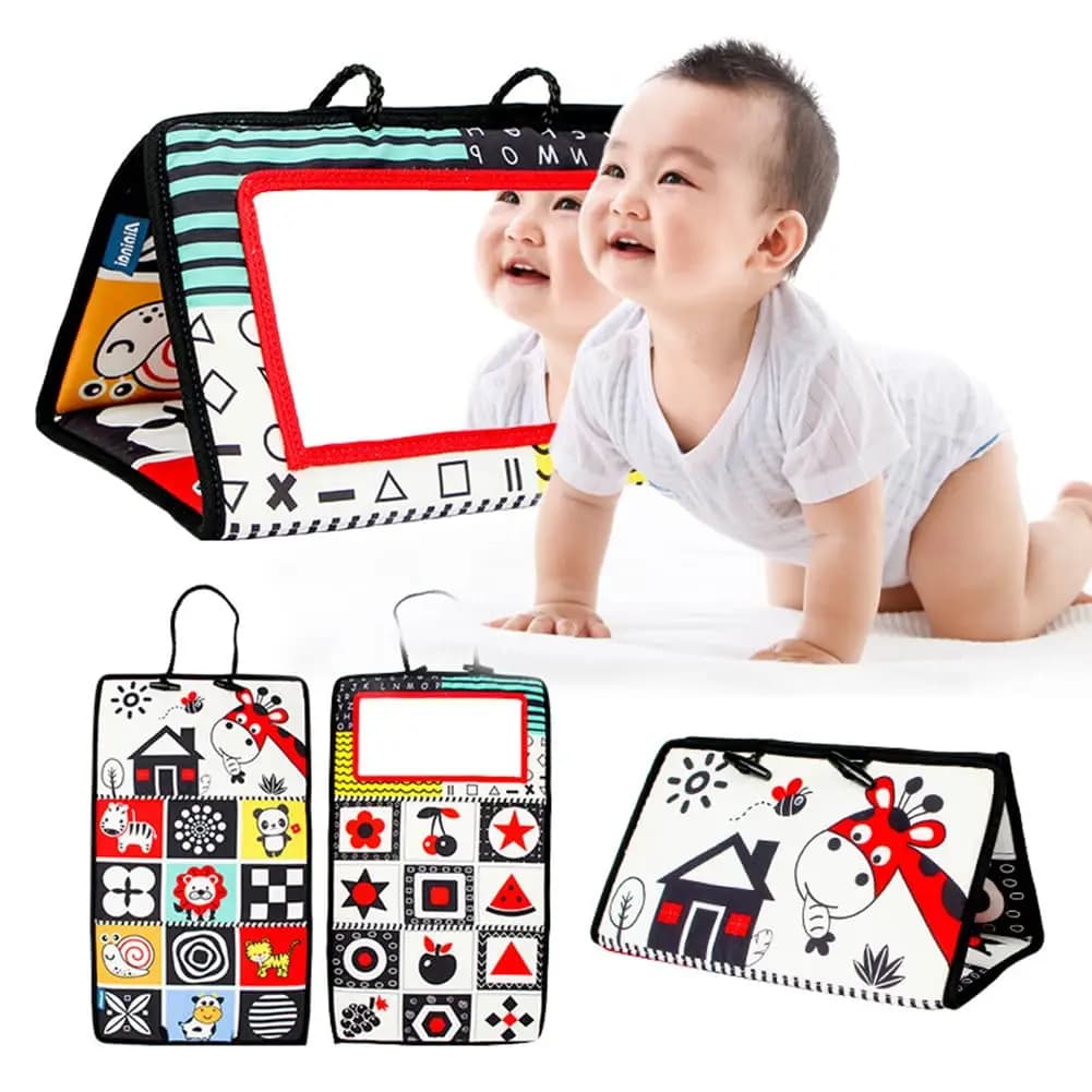 ألعاب مرآة لحديثي الولادة باللونين الأبيض والأسود من وقت البطن للأطفال، لعبة حسية لزحف تطوير مونتيسوري عالية التباين