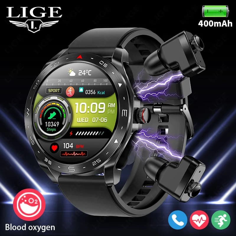 ساعة LIGE الذكية مع سماعات بلوتوث - للنساء والرجال، سماعة، تتبع الموسيقى والرياضة، مقاومة للماء، شاشة AMOLED