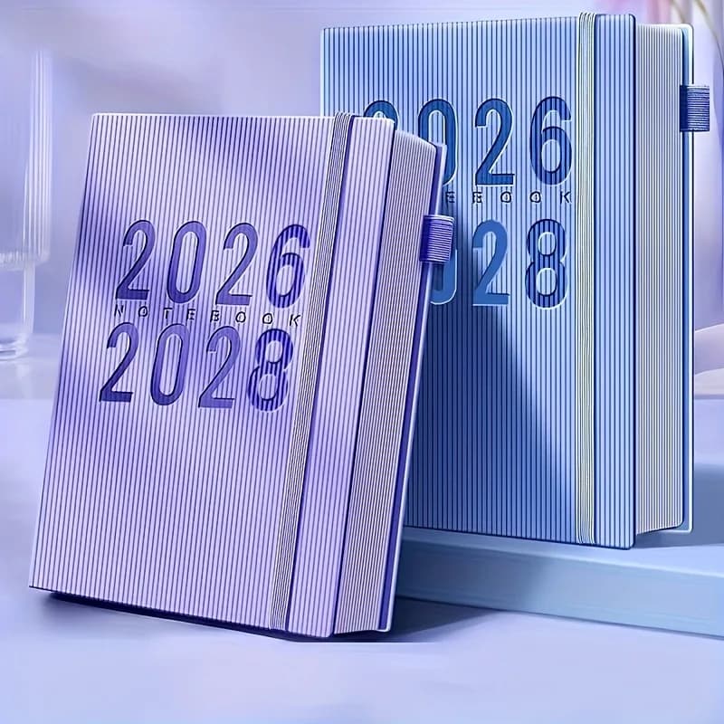 تقويم مخطط شهري لمدة 3 سنوات (2026-2028)، غلاف ناعم مع حامل أقلام مرن، تصميم بسيط لكتابة المذكرات