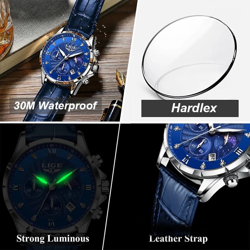 LIGE Blue Leather Watch Men Fashion Business Military Watches For Men Waterproof Sport Men's Quartz Wristwatch Relojes Hombre - 3