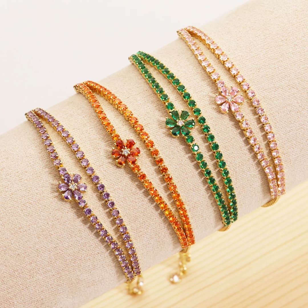 Double Layer Flower Shiny Charm CZ Tennis Bracelet for Women Zircon Jewelry Adjustable 18K Gold Plated Box Chain Bracelets Gift