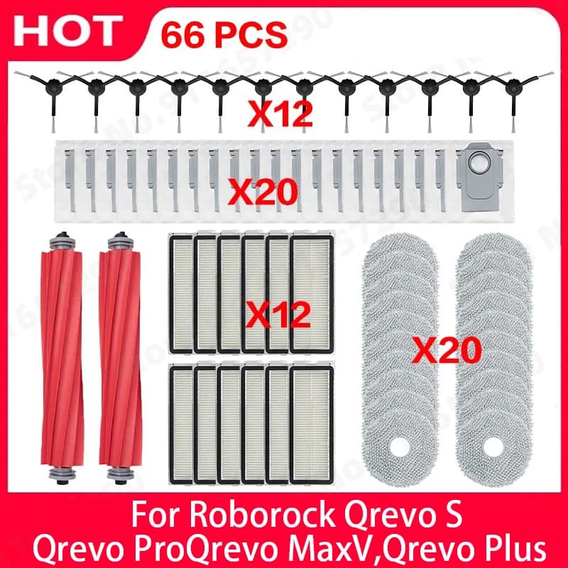 قطع غيار مكنسة Roborock Qrevo S, Qrevo Pro, Qrevo MaxV, Qrevo Plus بكرة رئيسية فرشاة جانبية فلتر ممسحة قماش كيس غبار
