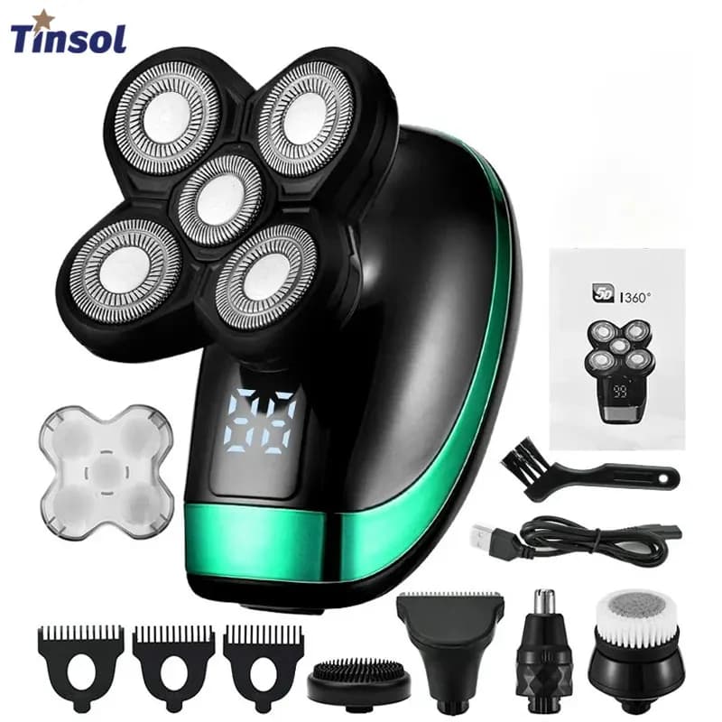 ماكينة حلاقة كهربائية قابلة لإعادة الشحن Tinsol 5 في 1 للرجال، 5 رؤوس عائمة لتشذيب اللحية والأنف والشارب، ماكينة حلاقة 4D، أداة تهذيب الشعر