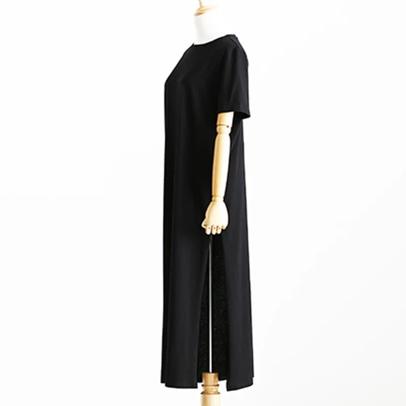 Summer Korean Style Midi Dress Women Casual Black Long Dresses Short Sleeve Sexy Plus Size Side Open Party Maxi T Shirt Dress - 6