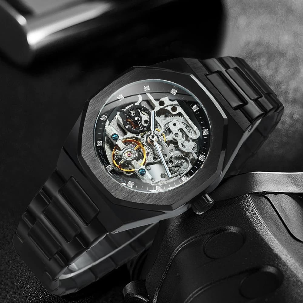 Forsining Casual Automatic Mechanical Watch for Men Luminous Hands Stainless Steel Strap Fashion Luxury Skeleton Mens Watches - 5