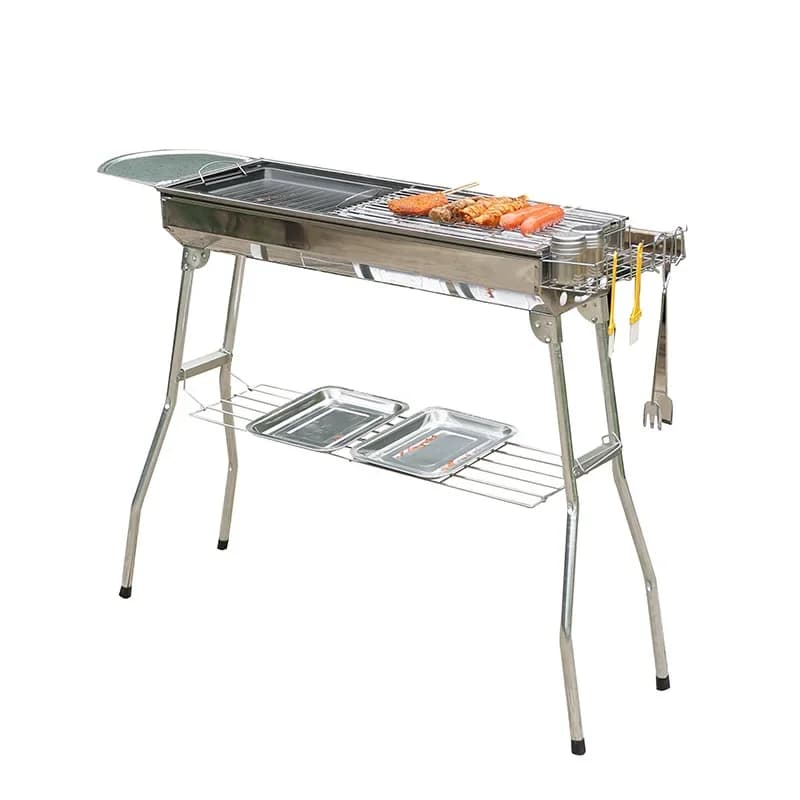 شواية فحم خارجية من الفولاذ المقاوم للصدأ مقاس كبير أداة شواء محمولة تركيب مجاني مقبض قابل للطي للشواء والطبخ - 5