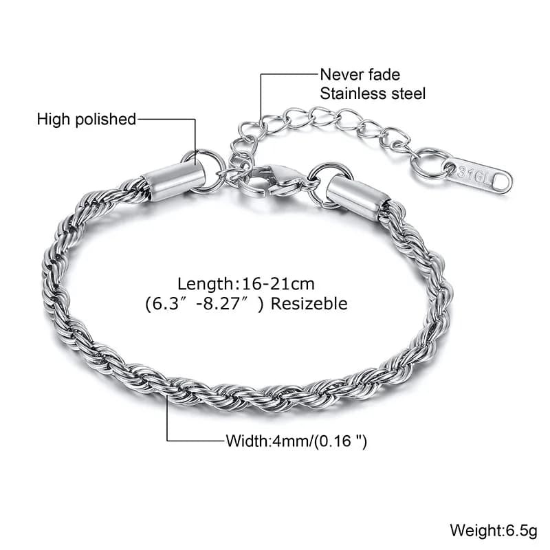 Vnox Unisex Rope Chain Bracelets for Men Women, Stainless Steel Twisted Links Chain Bracelet,Simple Classic Jewelry Gift for Him - 6