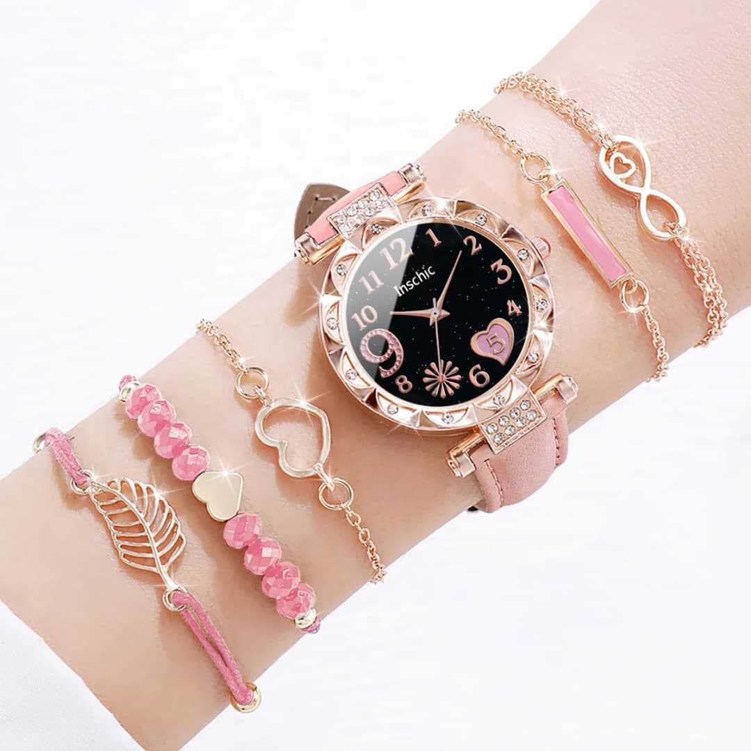 6PCS/Set Fashion Heart Dial Women's Watch Casual Leather Band Analog Quartz Watch Leaf Bracelets Set（Without Box） - 3
