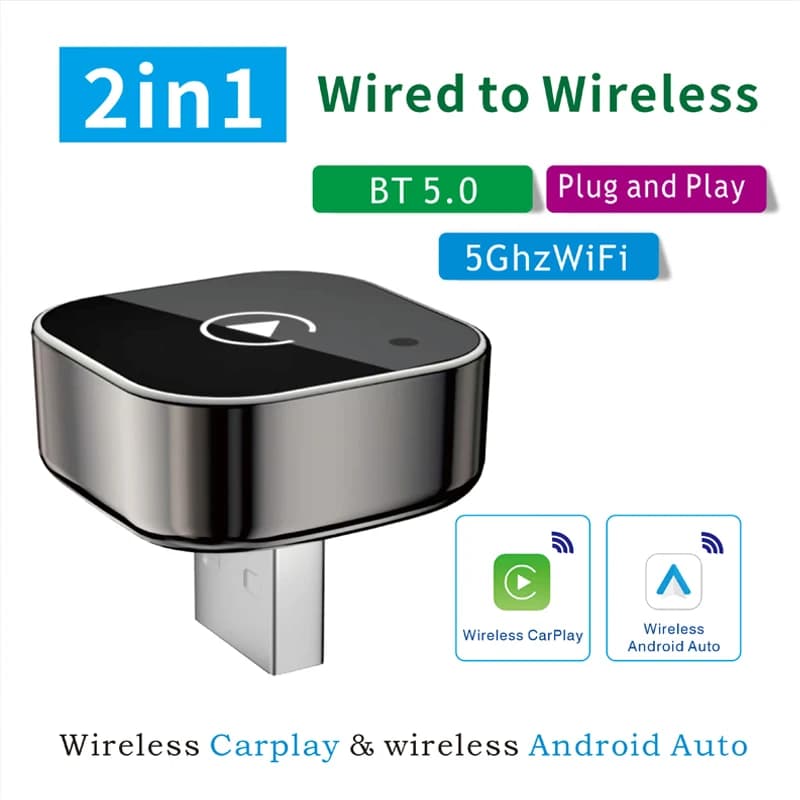 محول صغير جديد 2in1 لاسلكي CarPlay وAndroid Auto، 5GHz WiFi، Type-C/USB، تشغيل فوري، صندوق ذكي لإكسسوارات السيارة
