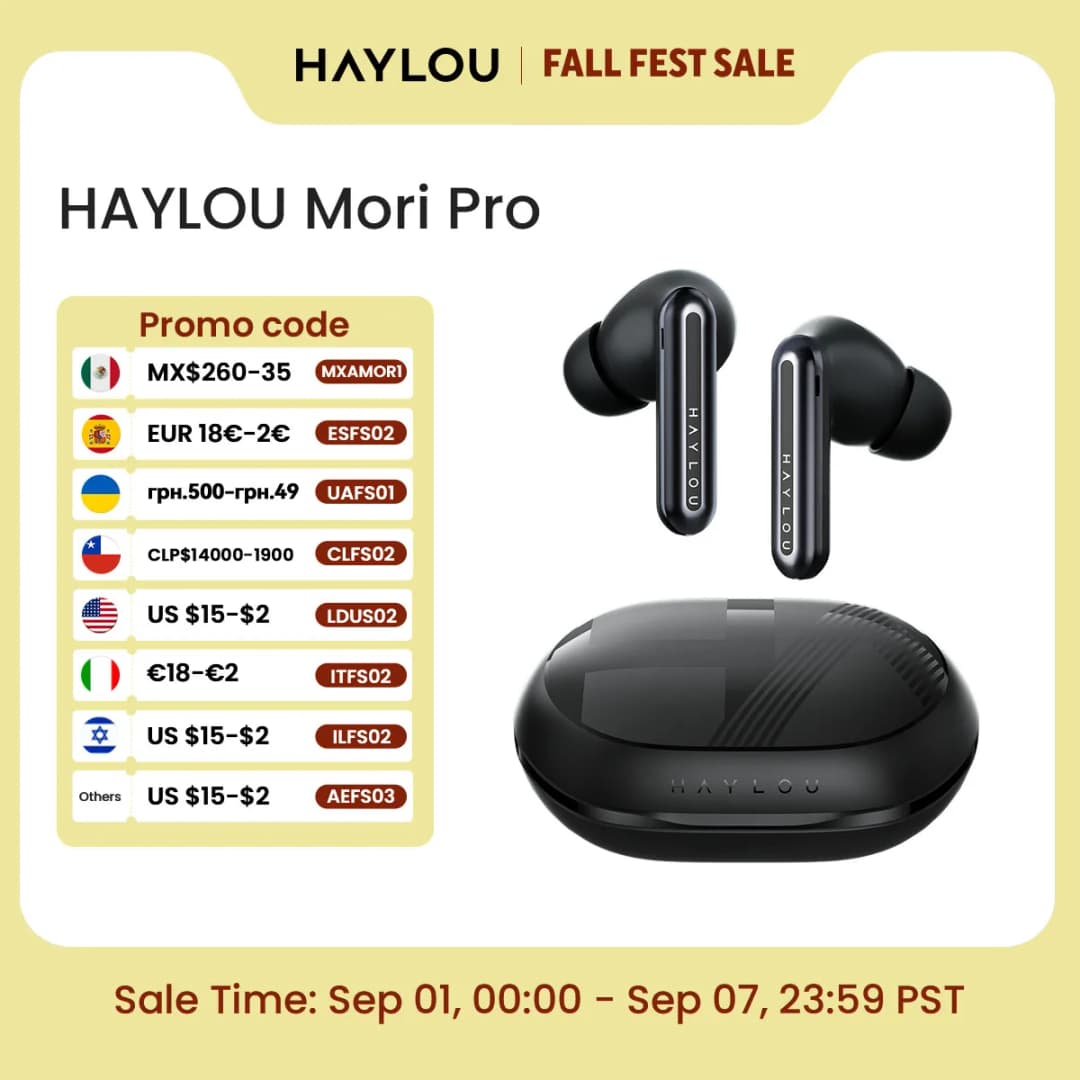 سماعات HAYLOU Mori Pro بلوتوث 5.4 - سماعات أذن عزل ضوضاء نشط -43dB مع 6 ميكروفونات وسماعات رأس لاسلكية وبطارية تدوم حتى 35 ساعة