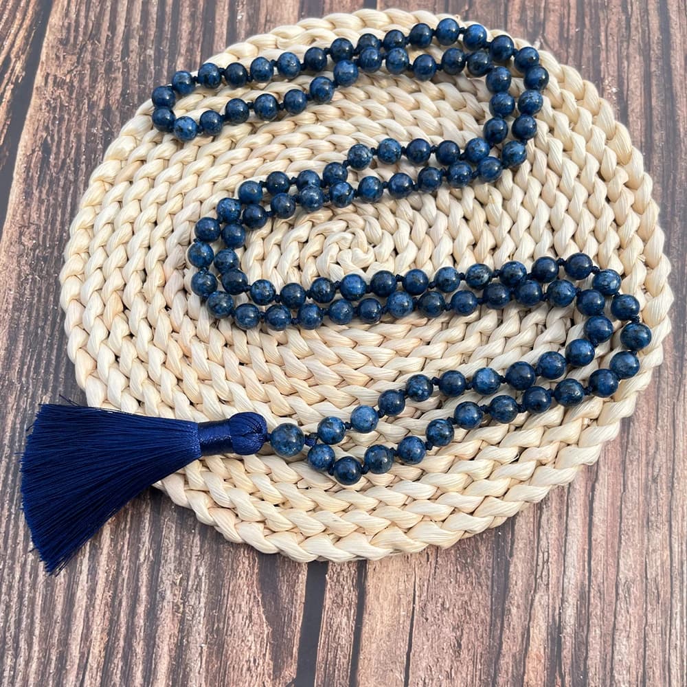 8mm Lapis Lazuli Colored Stone Knotted 108 Mala Bead Necklace Meditation Prayer Rosary Japamala Jewelry for Men and Women - 4