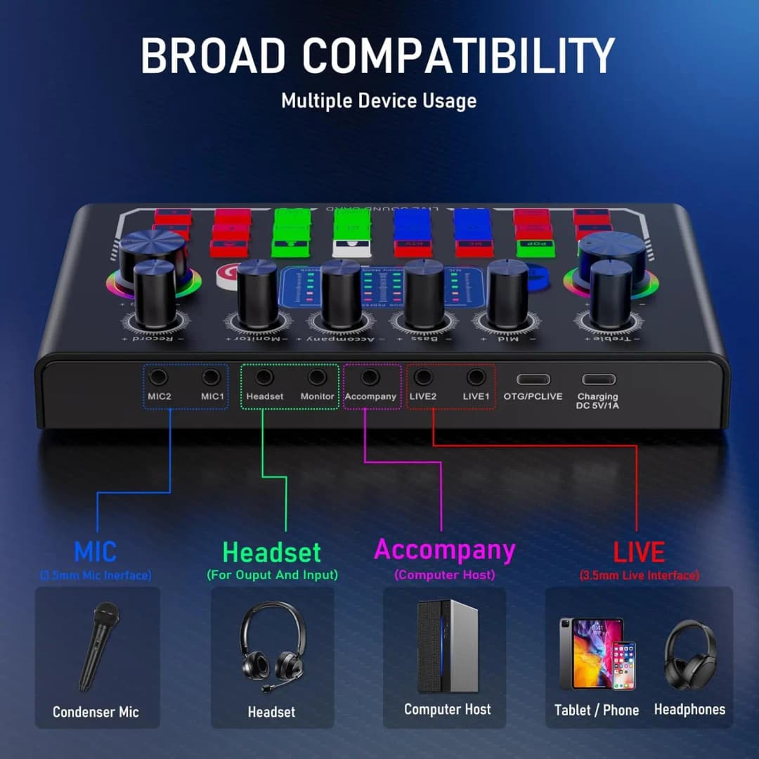 F009 Live Sound Card Broadcast quipment,Bluetooth Audio DJ Mixer with Microphone Set Device For Smartphone Live Streaming - 3