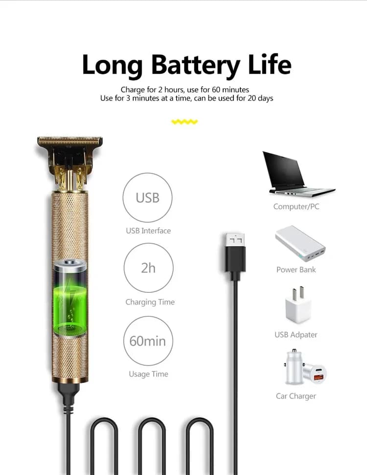 ماكينة حلاقة الشعر الاحترافية T9/إكسسوارات للرجال | شحن سريع USB | ماكينة تشذيب اللحية/الجسم/الشعر | ماكينة حلاقة كهربائية دقيقة - 5