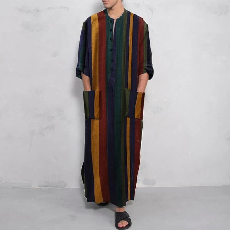 Men's Muslim Long Sleeve Cotton Striped Robes Islamic Arabian Kaftan Suit Middle East Dubai Abaya Retro Spring Clothing 2025 New - 3
