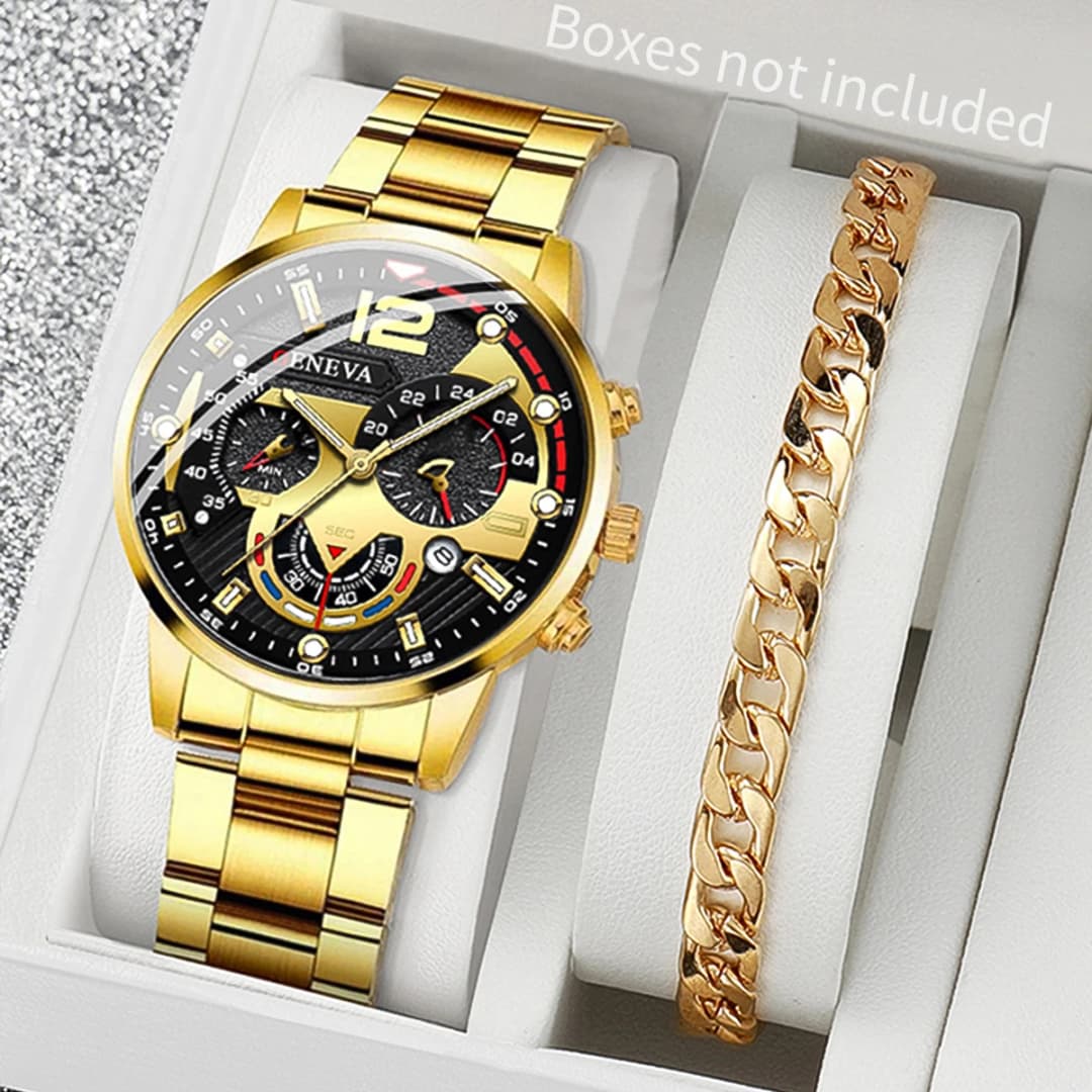 مجموعة ساعات رجالية أنيقة من الفولاذ، ساعة كوارتز تناظرية مع سوار، بدون علبة - 2