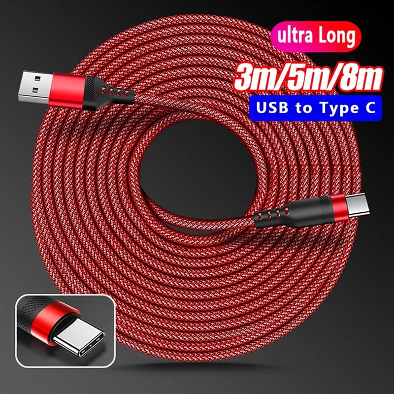 1/2/3/5/8 متر ممتد 6A شحن فائق السرعة كابل شحن طويل إضافي USB Type C لهواتف آيفون سامسونج كابل بيانات متوافق بالكامل