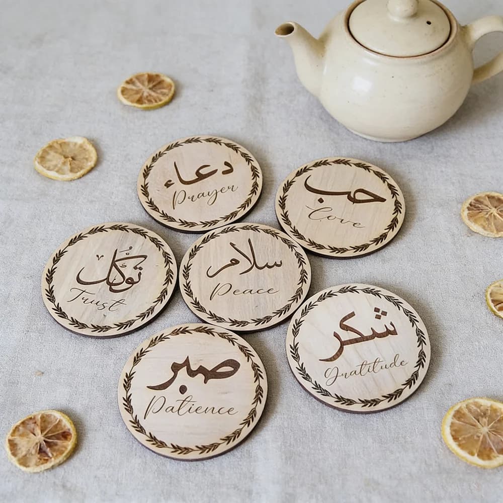 7Pcs Islamic Wooden Coasters Ramadan Arabic Calligraphy Daily Reminder Virtues of Muslim Kitchen Table Decor Housewarming Gift