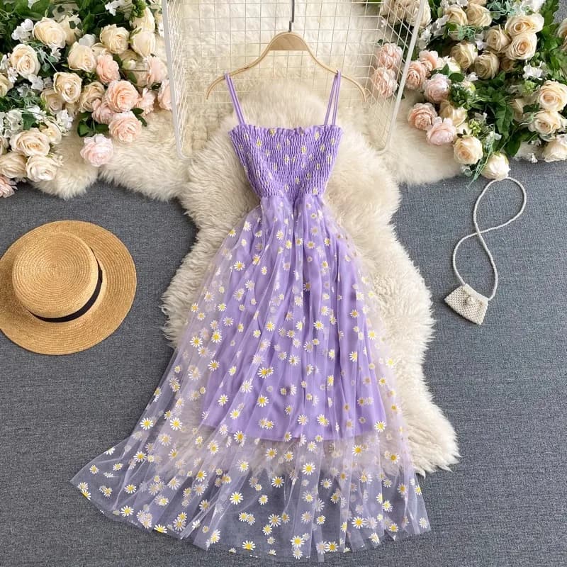 Women Dress 2026 New Summer Fashion Fairy Mesh Party Dress Korean Pop Floral Print Vacation Beach Dress Streetwear Sundress - 3