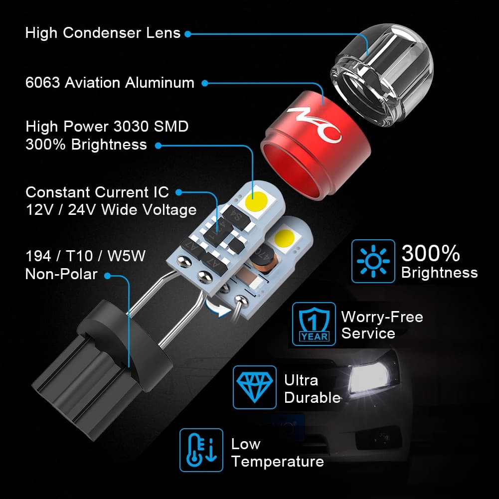 NAO W5W LED Car T10 Bulb 5W5 Auto Interior Light 3030 SMD 12V 24V Automobiles Side Signal Lamp 168 194 Clearance Lighting White - 4